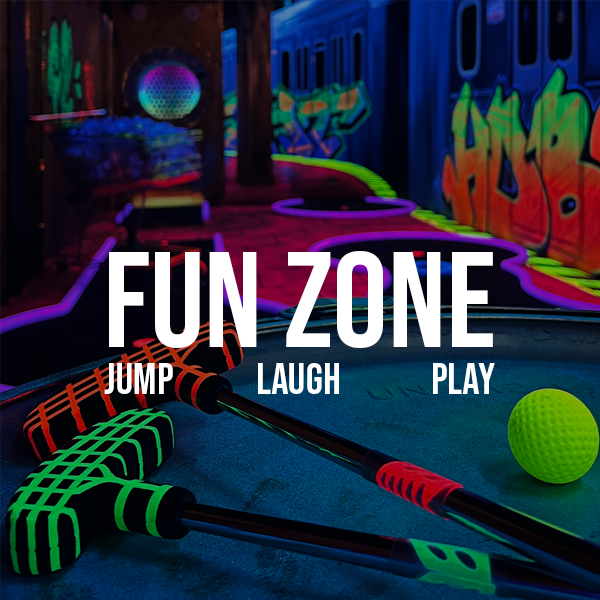 Jump Laugh Play Enjoy the Night with glow in the dark mini golf! Jump around on over 200ft of Inflatables madness! Play games and enjoy the night with the family or friends!